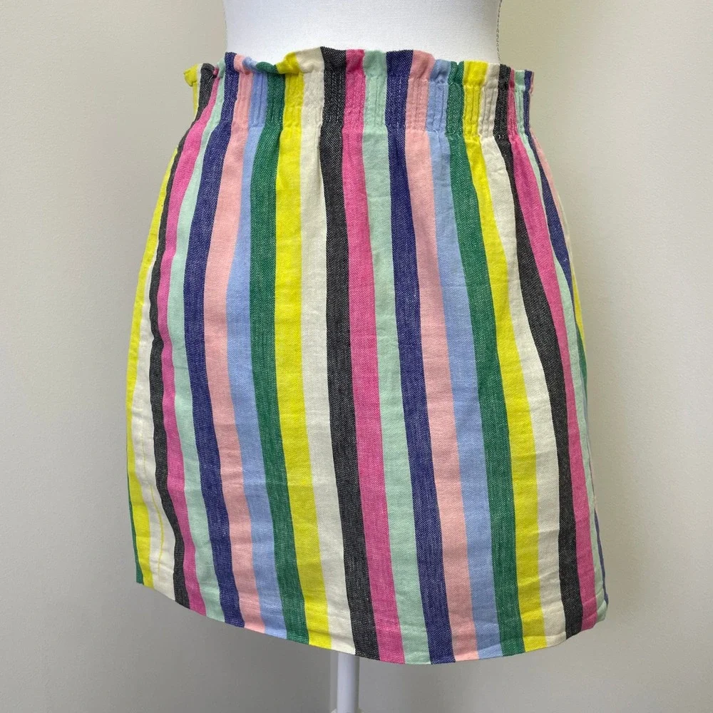 J.Crew Multi Color Striped Linen Blend Paperbag Waist Mini Skirt Size 8
